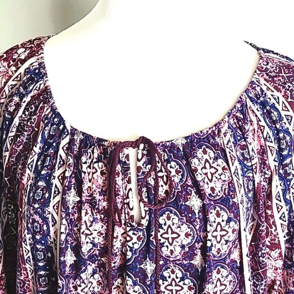 Fred David Purple, Pink, Navy Print Peasant Top with Tie at Neckline, Size 1X - Picture 3 of 9